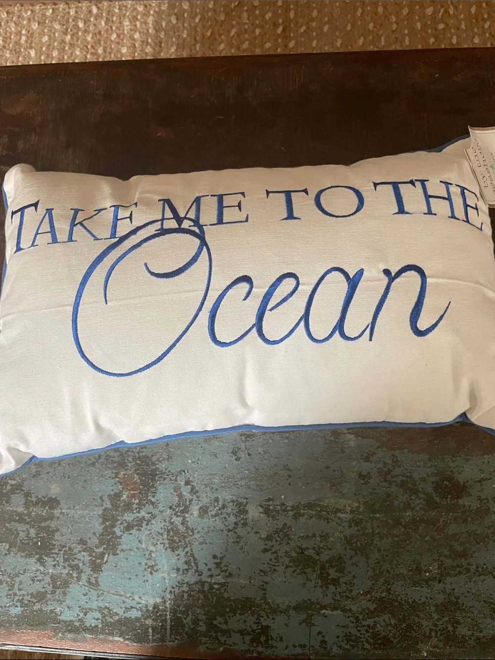 Take Me to the Ocean Embroidered Accent Pillow - White and Blue
